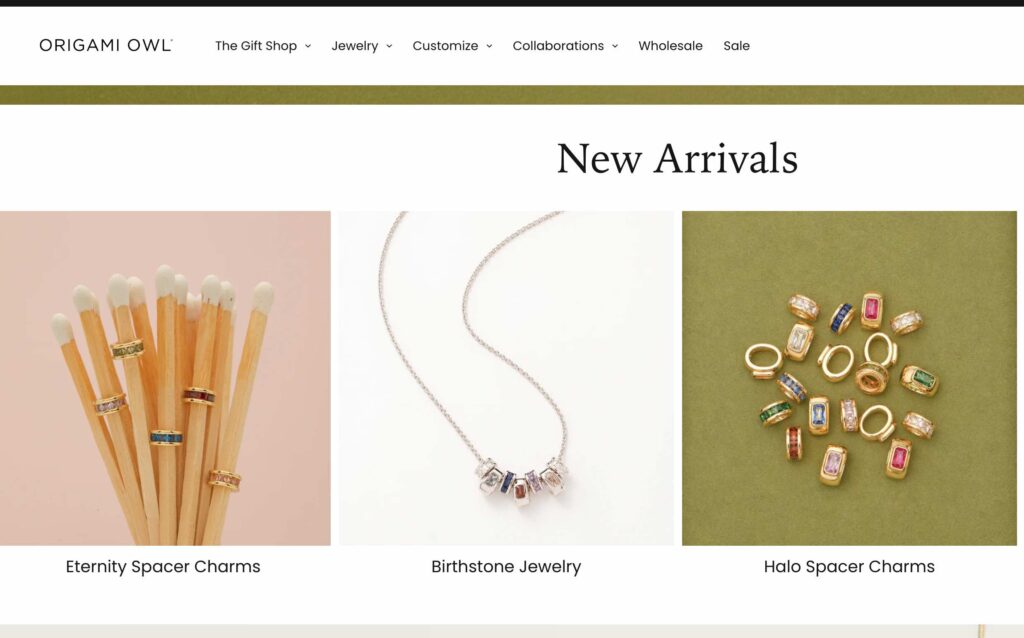 Screenshot taken from Origami Owl website