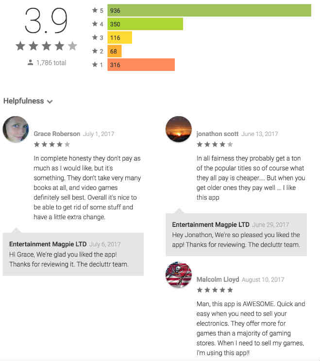 Decluttr customer reviews from Google Play Store.