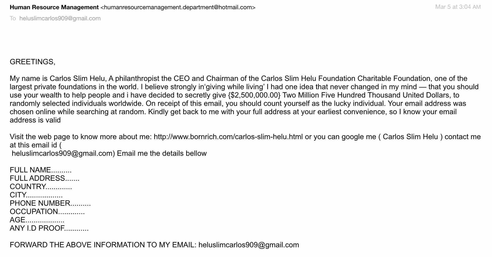 Carlos Slim Helu fraud scam phising email