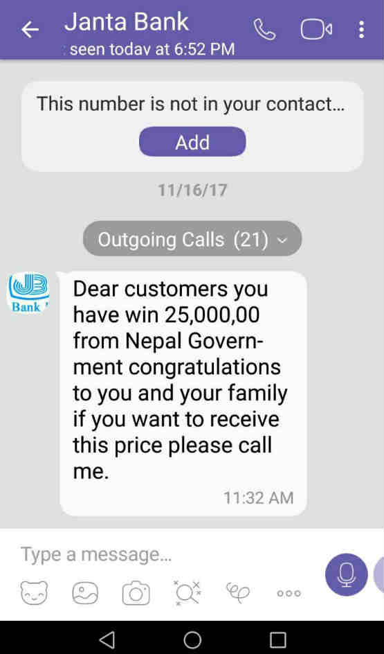 Phishing message in Viber from the scammer pretending to be a staff of Janta Bank.