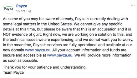 Screenshot of Announcement by Payza on its official Facebook page.