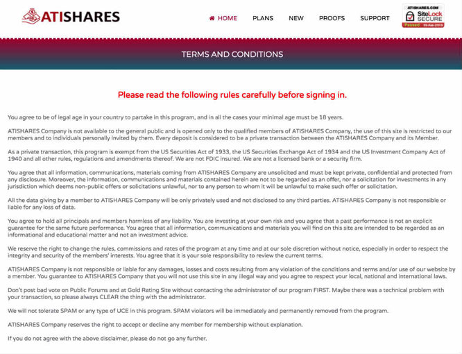 Screenshot of ATIShares Terms and Conditions