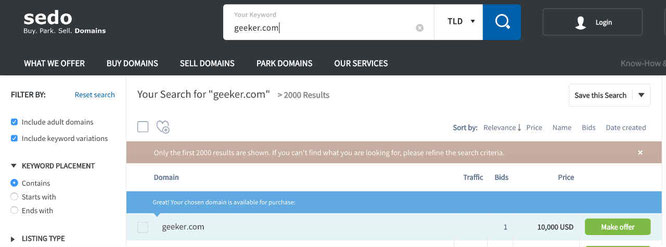 Screenshot showing the sale of Geeker.com domain.