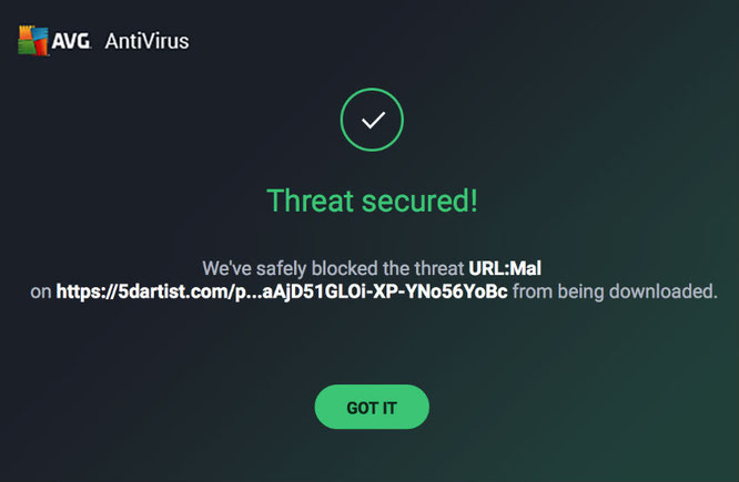 Threat detected by AVG Antivirus on 5DArtist website.
