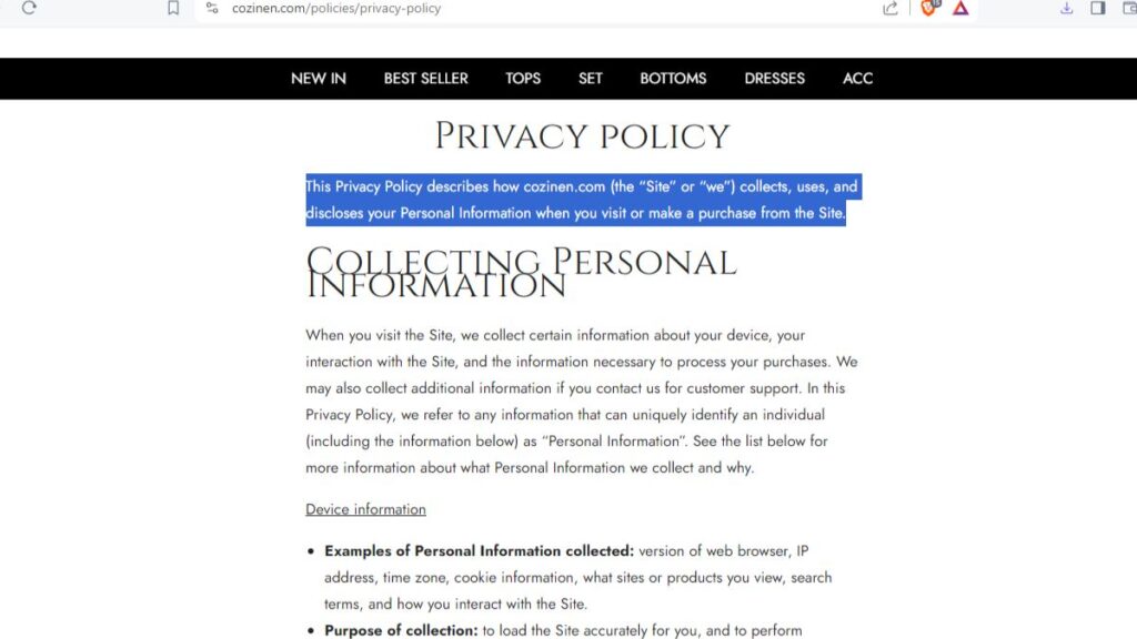 Cozinen copied policy page.