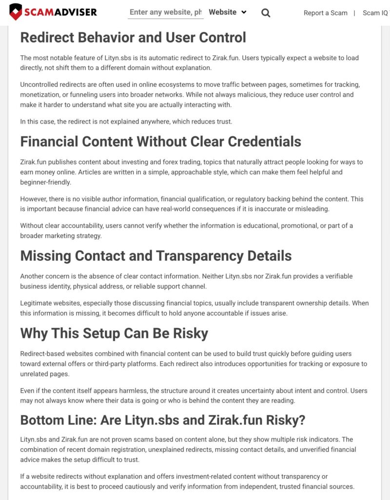 Red Flags about Lityn Sbs by pointed by ScamAdviser.